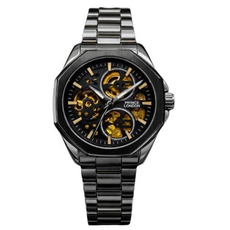NYL Mens Automatic Metal Hollow Mechanical Octagon Dial Analogue Silver/Black Metal Bracelet Watch NY London