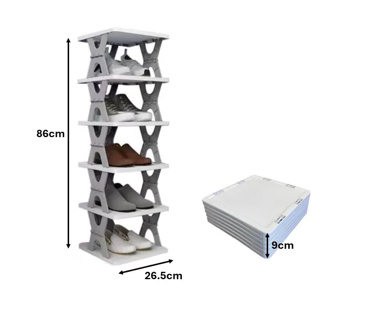 Foldable Collapsible Plastic Shoe Shelf Storage Rack 6 Tier Assorted Colours