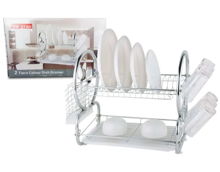 Tristar 2 Tier Dish Drainer Cutlery Rack With Drip Tray Silver