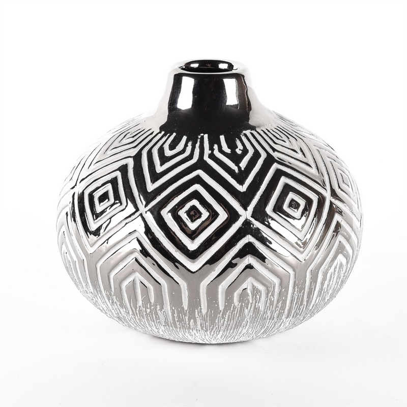 Silver & White Geometric Round Vase 15cm