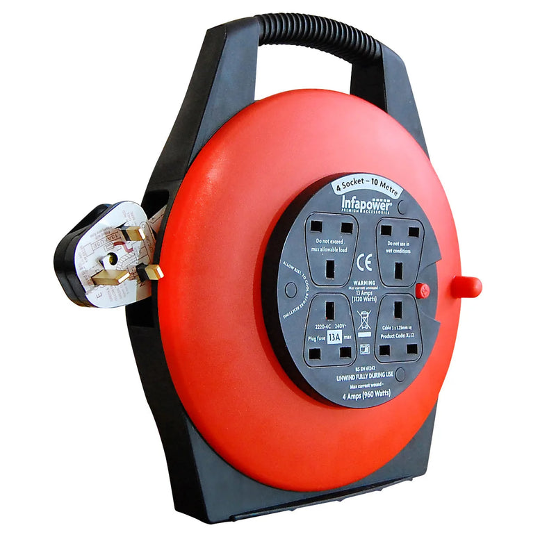 Infapower Cable E x tension Lead 4 Socket 13 Amp 10 Metre Semi Enclosed Drum