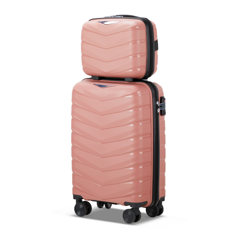 V-shaped stripe 2-piece set with PP handbag PP trolley case 14in 20in PP iron trolley fashionable color - rose gold (grain pattern)
