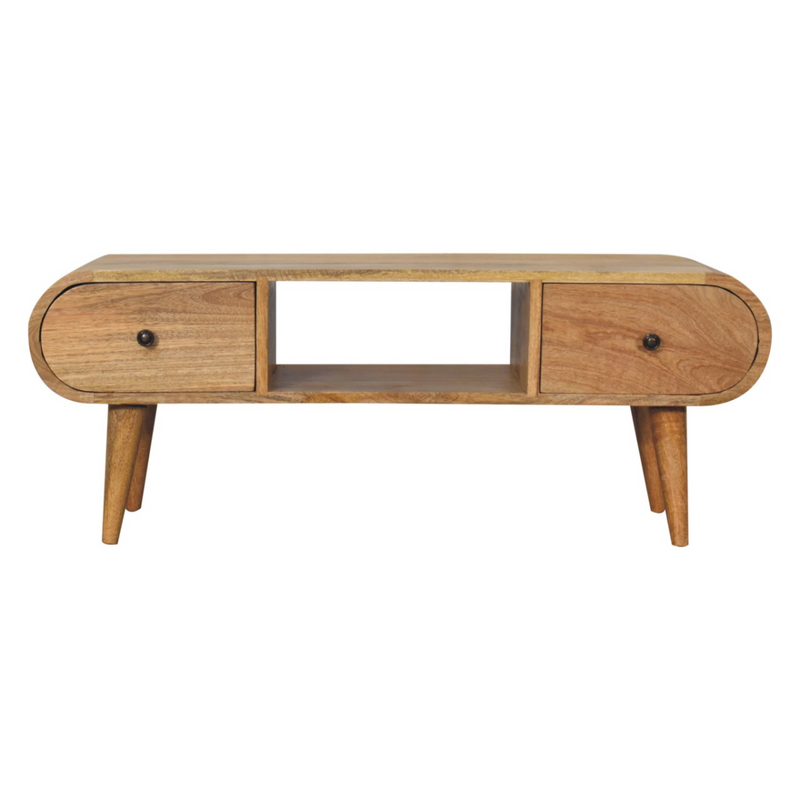 Artisan Furniture Solid Wood Oak-ish Circular TV Unit, Beige, 2 Drawers and Open Slot
