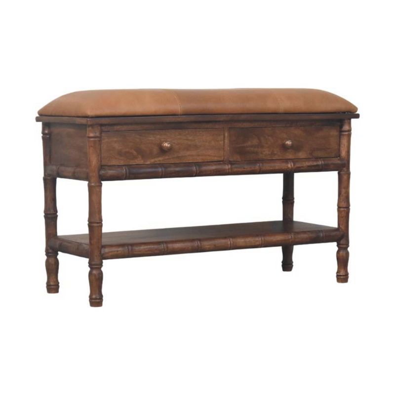 Artisan Furniture Solid Wood Upholstered Bamboo Carved Storage, 2 Drawers, 1 Shelf, Brown
