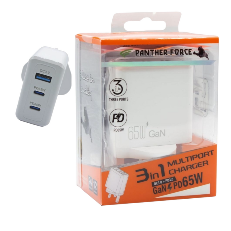 Panther Force 65W Plug with 2* C Port / 1* USB-A Port - Fast Charging