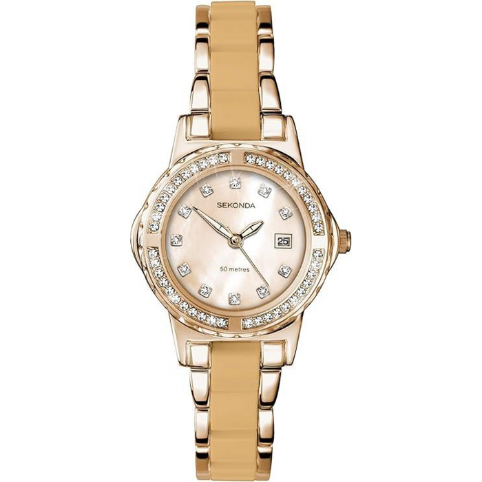 Sekonda Ladies Fashion Date Bling 29mm Stone Case with 2 Tone Bracelet Watch 2895