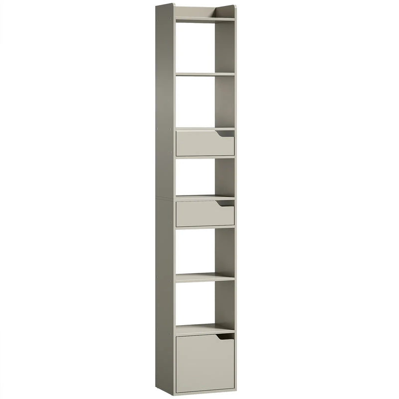 HOMCOM Bookcase Tall Narrow with 5 Tiers and Drawers Freestanding Bookshelf Storage Cabinet for Living Room Grey