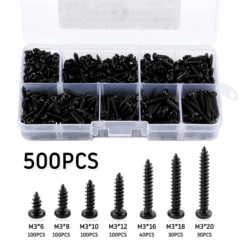 340/500pcs M3 Phillips Pan Head Screws Self Tapping Drilling Screws Assortment Kit Carbon Steel 6mm 8mm 10mm 12mm 16mm 18mm 20mm