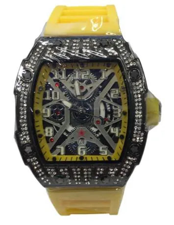 New Rubber Gents Black Bling Fashion Quartz Movement Skeleton Clear Dial Yellow Rubber Strap Watch