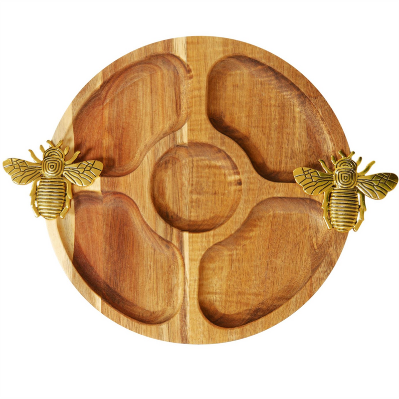 Round Acacia Nibbles Tray Gold Bee Design