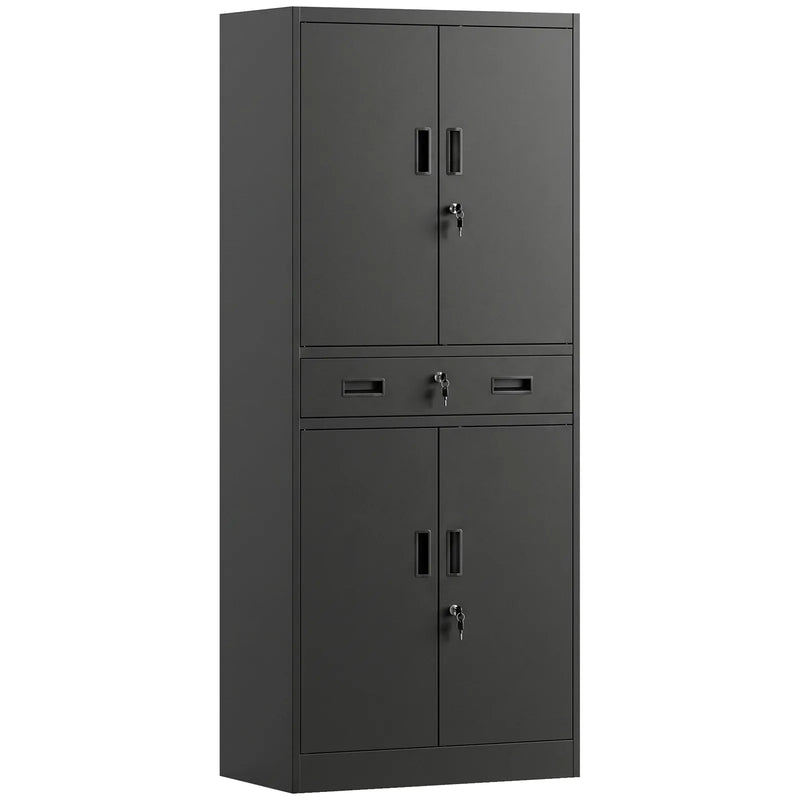 HOMCOM Metal Storage Cabinet, 180cm Tall Tool Cabinet with Locking Doors, Drawer and Adjustable Shelves, Black