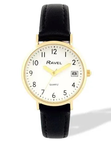 Ravel Ladies Basic Golden case Dated White Dial With Black Faux Leather Strap Watch