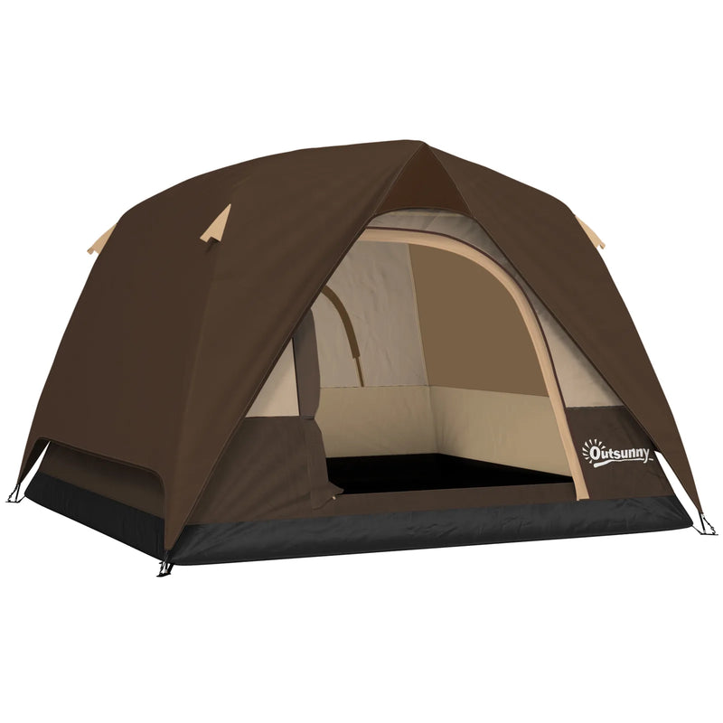 Outsunny Camping Tent, Easy Set Up 2-3 Man Tent with Sewn-in Groundsheet, 3000 mm Dome Tent w/ Mesh Windows, Brown