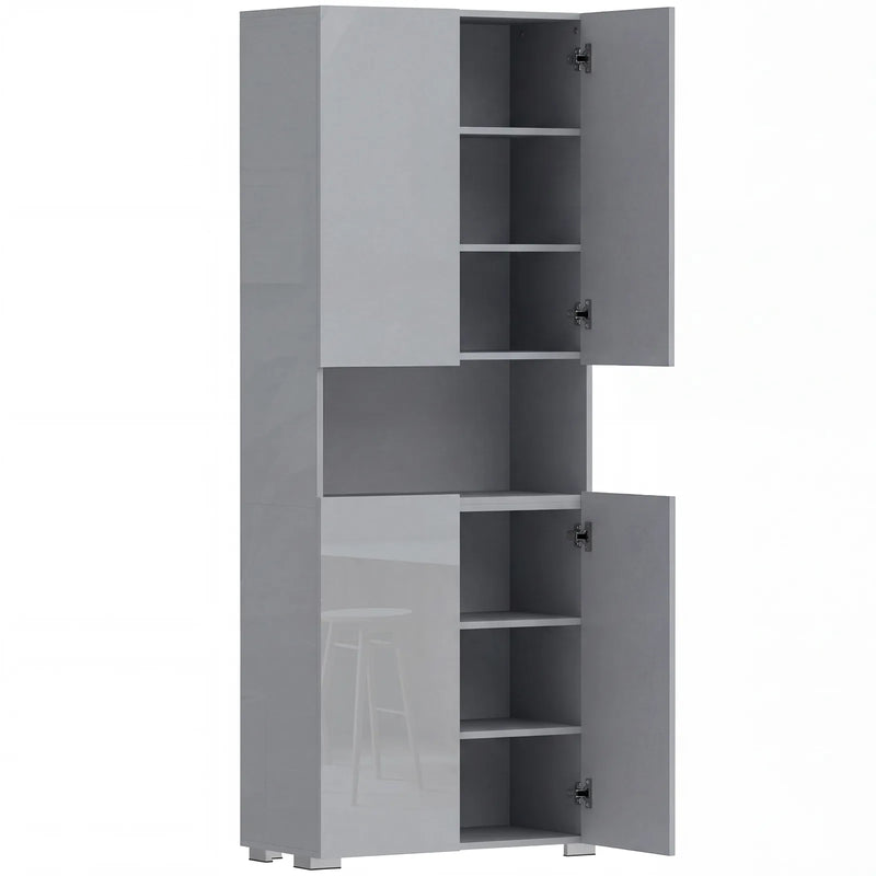 HOMCOM 180 cm Tall Kitchen Cupboard, Pantry Storage Cabinet with Soft Close Doors and Adjustable Shelves, High Gloss Grey