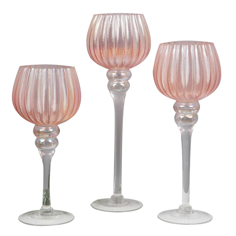 Set of 3 Pink Glass Goblet Style Candle Holders