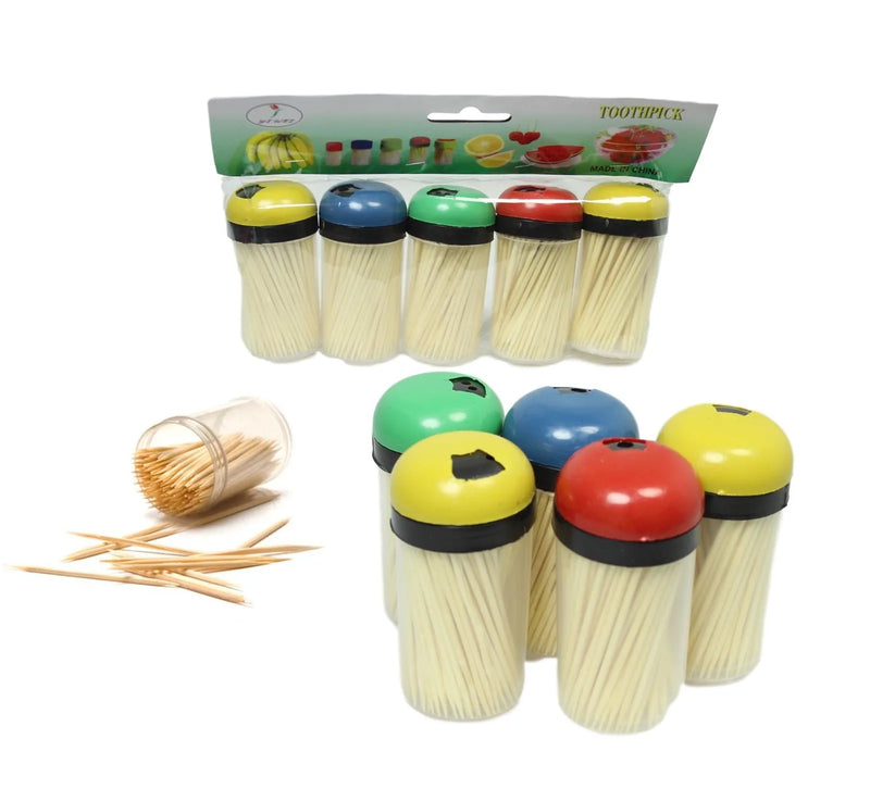 Plastic Toothpick Holder With Toothpicks Pack Of 5 Assorted Colours