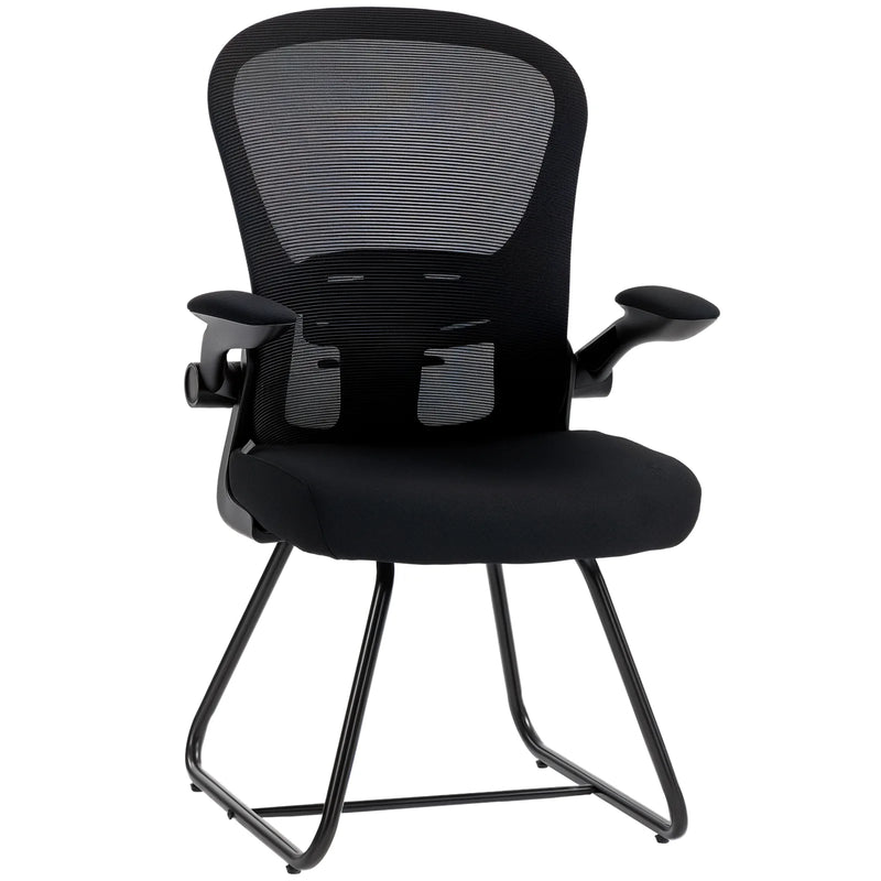 HOMCOM Reception Chair, Conference Meeting Office Chair with Flip-up Armrest, Mesh Backrest, Lumbar Support and Metal Base