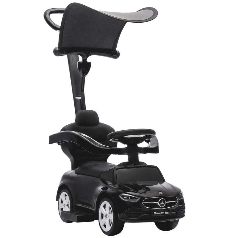 AIYAPLAY 4 in 1 Licensed Benz Ride on Push Car with Handle, Canopy, Guardrails, Horn, Music, Storage for 12-36 Months, Black