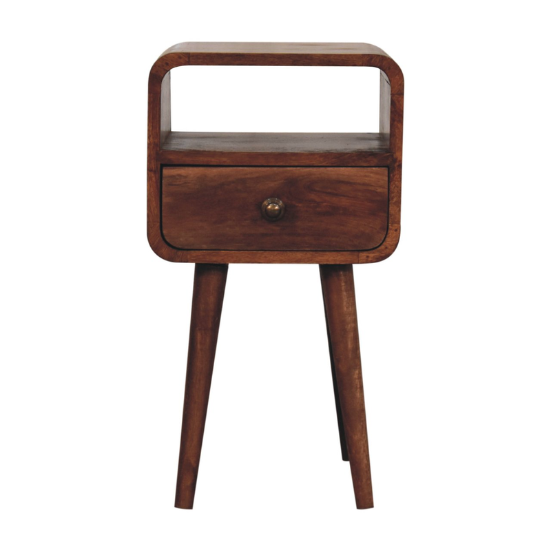 Artisan Furniture Solid Wood Mini Honey Caramel Curved Bedside, Drawer And Open Slot, Brown