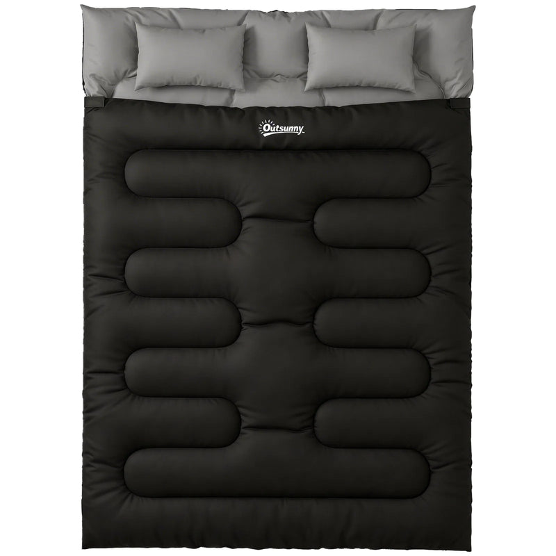 Outsunny Double Sleeping Bag with 2 Pillows, 220 x 160 cm Extra-Large Sleeping Bag for Adults, Black