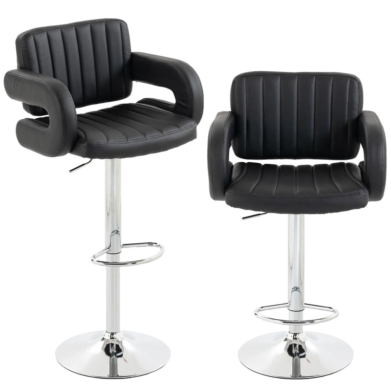 HOMCOM Bar Stools Adjustable Swivel Kitchen Chairs with Backrest Armrest Set of 2 PU Leather Black