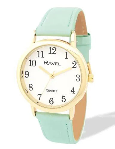 Ravel Ladies Basic Medium Gilt Case White Dial Green Leather Strap Watch