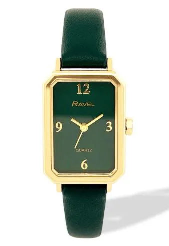 Ravel Ladies Fashion Rectangular Gilt Case Dial with Green Leather Strap Watch