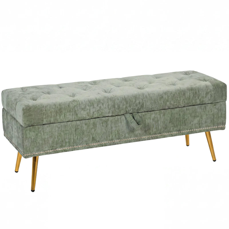 HOMCOM Storage Ottoman, Chenille Upholstered Ottoman Storage Box with Padded Seat, Metal Legs, 114 x 41 x 45 cm, Light Green