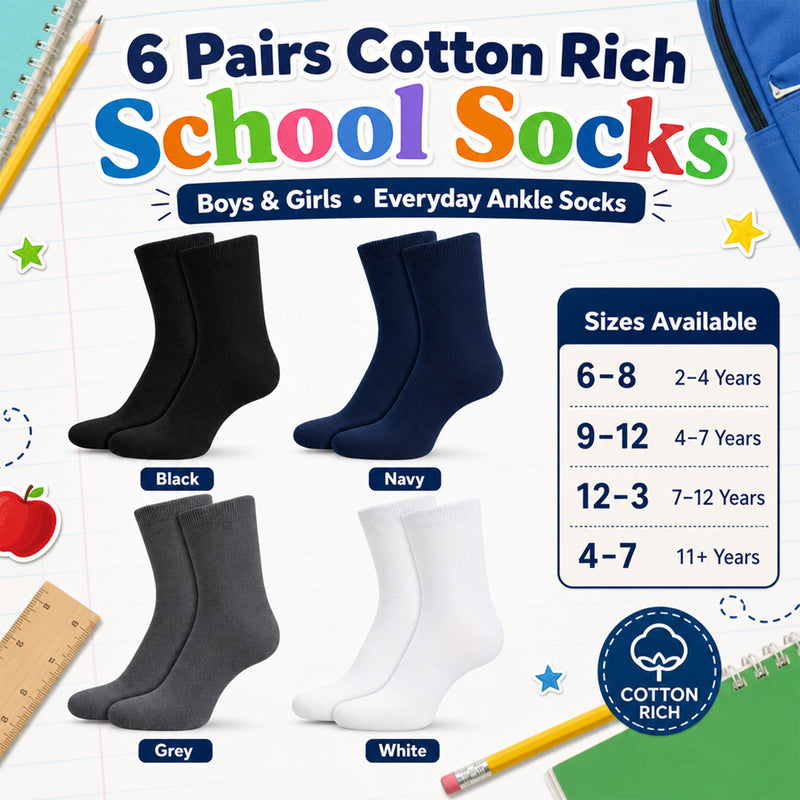 12 Pairs Kids Cotton School Socks Breathable Durable Ankle Socks Boys Girls Uniform Navy Grey Black White Sizes 2 to 12 by Sock Stack