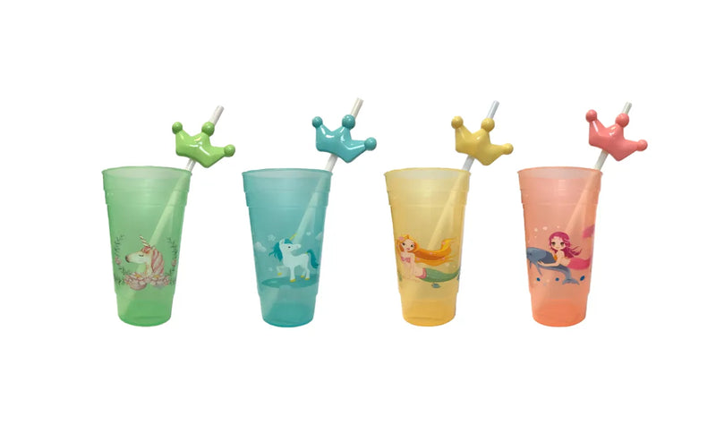 Reusable Plastic Drinking Cup With Straw And Printed Design Assorted Designs