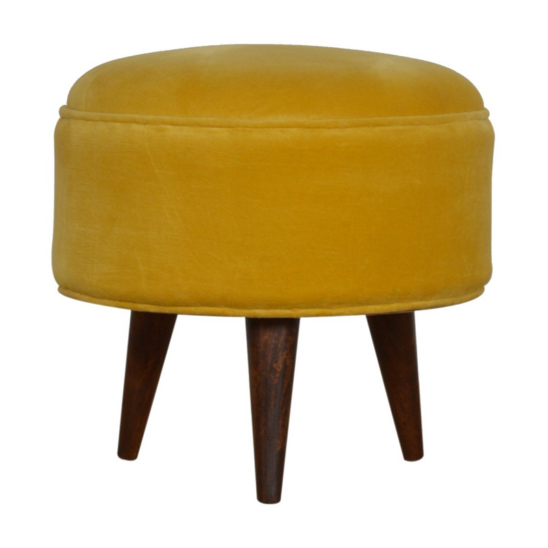 Artisan Furniture Solid Mango Wood Mustard Velvet Nordic Footstool
