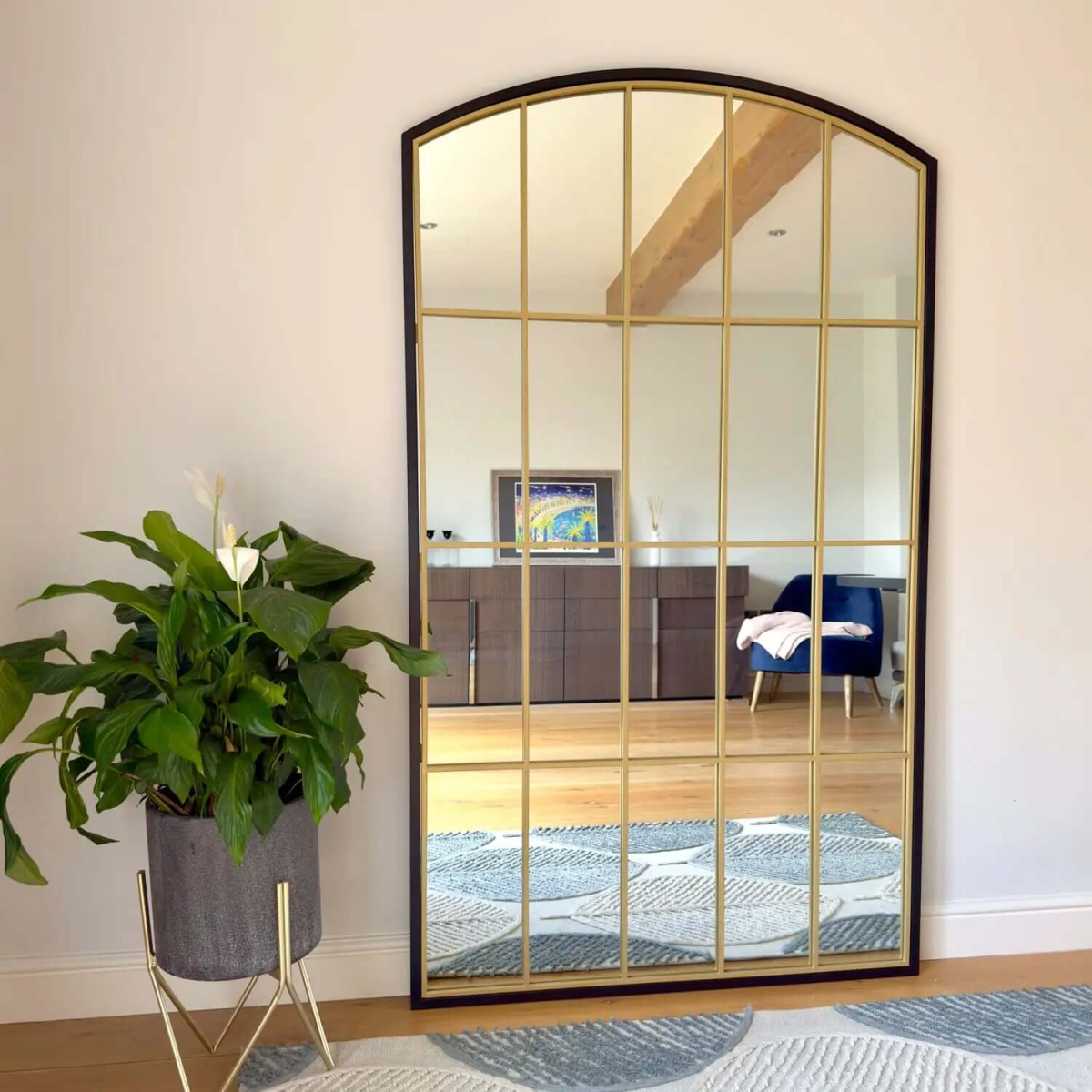 Tomi- Full Length Black & Gold Metal Arched Lattice Window Mirror - 18 ...