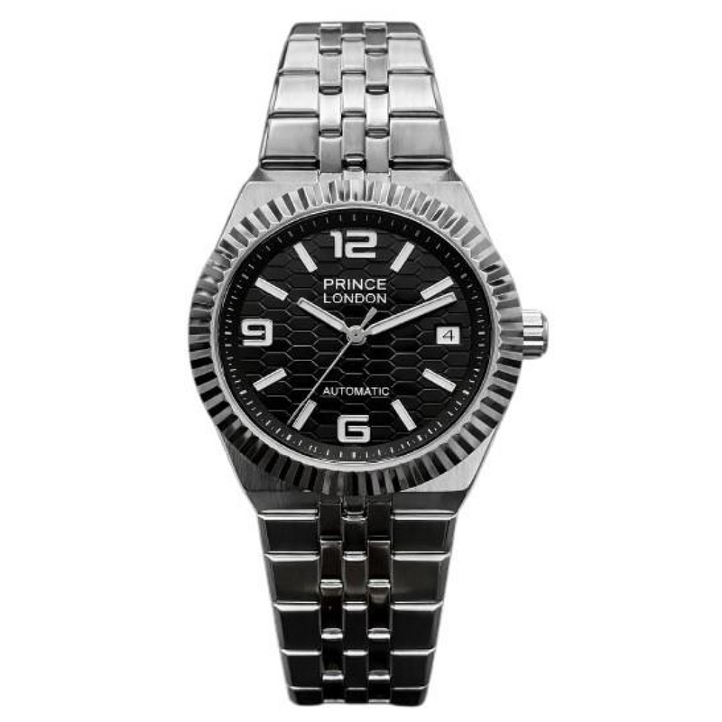 NYL Mens Automatic Metal Hollow Mechanical Dated Dial Analogue Silver/Black Metal Bracelet Watch NY London
