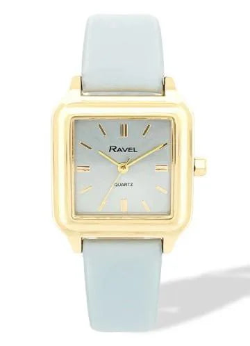 Ravel Ladies Fashion Summertime Square Gilt Case Dial with Light Blue Leather Strap Watch