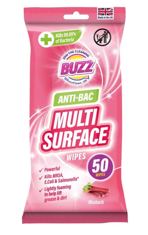 Buzz Multi Surface Antibacterial Wipes 50 Pack Rhubarb