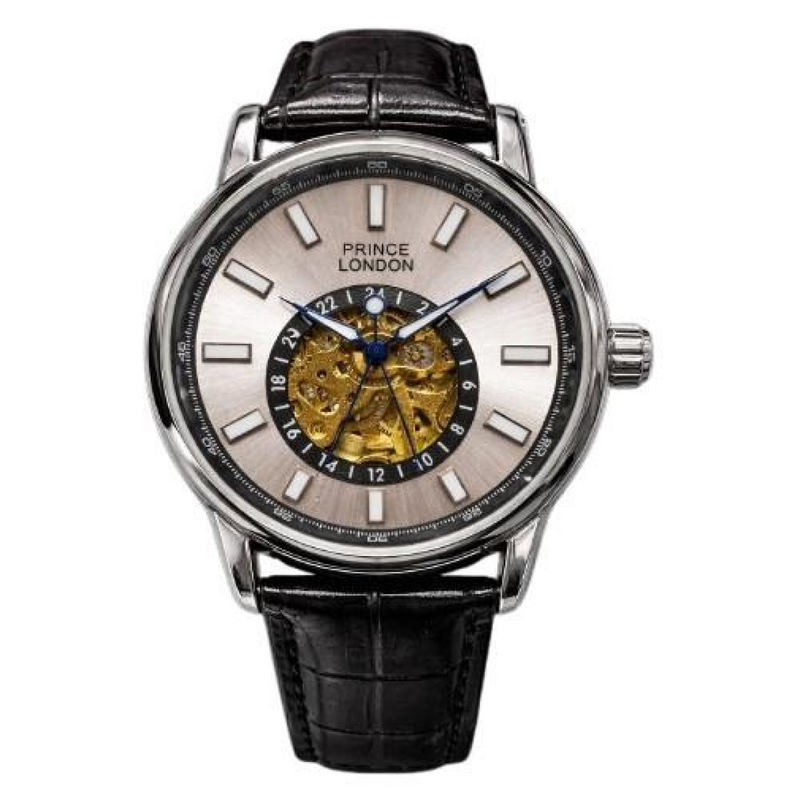 NYL Mens Fashion Automatic Leather Mechanical Round Face Dial Analogue Silver/White Leather Strap Watch NY London