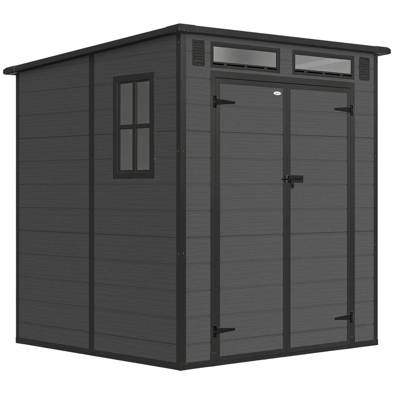 Outsunny 6 x 6 ft Plastic Garden Shed, Wood-Effect Outdoor Storage Shed with Floor, Windows, Lockable Doors and Vents, Dark Grey