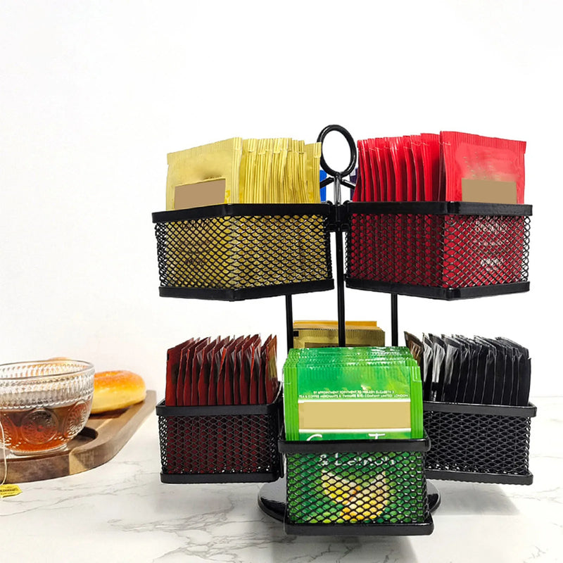 Tea Bag Organizer 2 Tier 8 Removable Baskets Up to 96 Teabags Storage Rotating Tea Bag Rack for Kitchen Black 8 Baskets