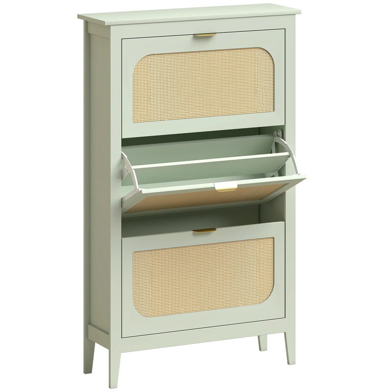 HOMCOM Narrow Shoe Cabinet, Boho Slim Shoe Storage Cabinet with 3 Flip Drawers, Holds 21 Pairs, Light Green