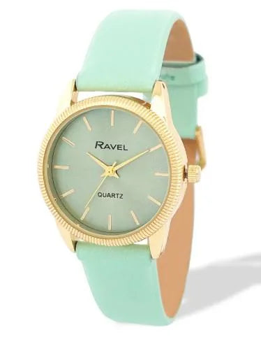 Ravel Ladies Fashion Round Golden Textured Case Dial with Green Leather Strap Watch