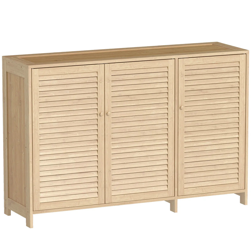 HOMCOM Bamboo Shoe Cabinet with Louvered Doors, 18 Pairs Shoe Storage Cabinet with Adjustable Shelves for Hallway, Natural