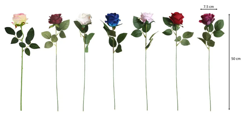 Plastic Artificial Fake Roses Single Stem Velvet Petals Assorted Colours