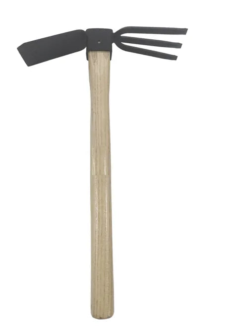 Garden Dual Metal Hoe And Rake Wooden Handle