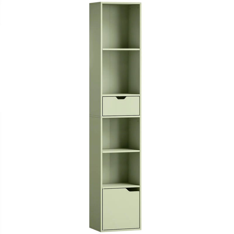 HOMCOM 6-Tier Bookcase, Tall Narrow Bookshelf with Drawer and Door - Green