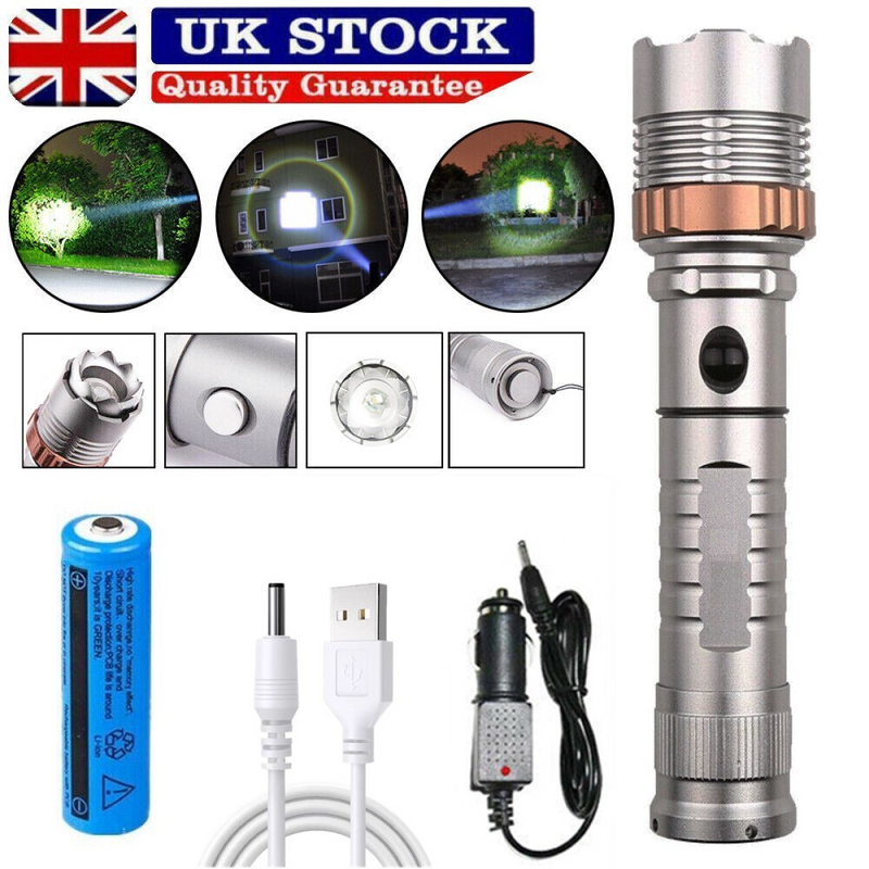 USB Rechargeable LED Flashlight Lamp 5-Modes Zoomable Hiking Camping Outdoor Torch +Batt+ USB Cable + Car Char