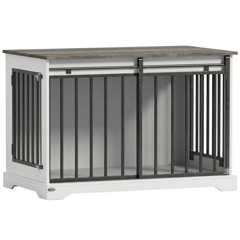 PawHut 100 cm Large Dog Crate Furniture with Sliding Barn Door for Large Dogs, White