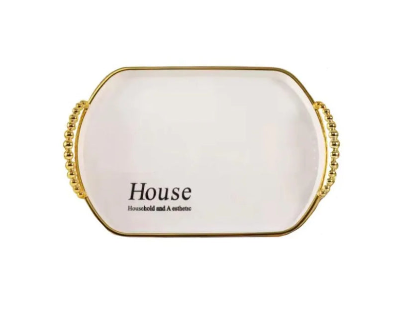 Oval Serving Tray With Gold Rim And Handles