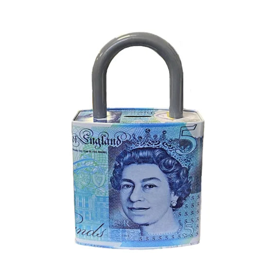 Queen Elizabeth Pound Note Reusable Coin Money Tin Bo x Padlock Shape With Handle Assorted Designs Mth (Parcel Rate)
