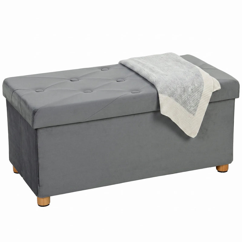 HOMCOM Velvet Upholstered Foldable Ottoman Footrest, Storage Ottoman Bench with Wood Legs for Living Room, Grey