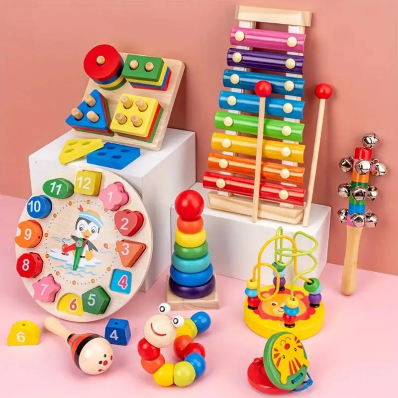 9 in 1 Wooden Toys Rattle Bell Drum Column Set Musical Instruments Sensory Music